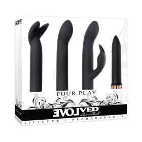 Evolved Four Play Rechargeable Silicone Bullet Vibrator and 3 Piece Sleeve Set Black
