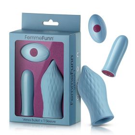 FemmeFunn Versa T Bullet Vibrator & Textured Silicone Tongue Shaped Sleeve Light Blue