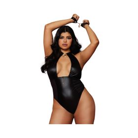 Dreamgirl Wetlook Corseted Back Halter Neck Thong Teddy With Wrist Restraints Black Queen Size