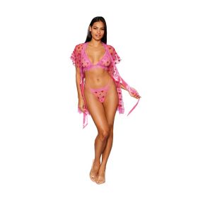Dreamgirl Flocked Heart Mesh and Eyelash Lace Robe  Bralette  and G String Set