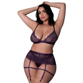 Magic Silk Leather & Lace Bralette  Garter Skirt & Thong Set Plum Queen Size