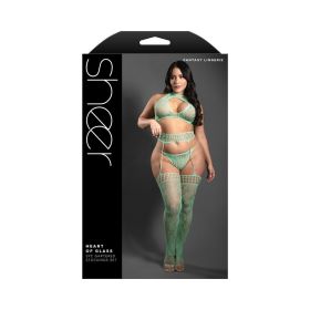 Fantasy Lingerie Sheer Heart Of Glass Lace Knit Halter Tie Top  G String & Gartered Stockings Seaglass Green Queen Size