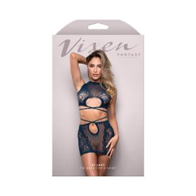 Fantasy Lingerie Vixen At Last Floral Lace Knit Tie Back Top & Skirt Navy O/S