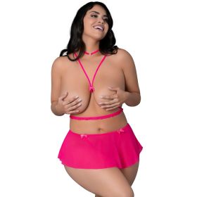 Magic Silk Pink Kink Harness Top  Open Crotch Skirt Panty & Choker Pink Glow Queen Size