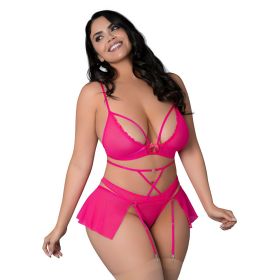 Magic Silk Pink Kink Bralette  High Leg Panty & Garter Skirt Set Pink Glow Queen Size