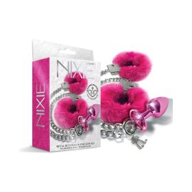 Nixie Metal Butt Plug & Furry Handcuff Set Medium  (Option: Pink Metallic)