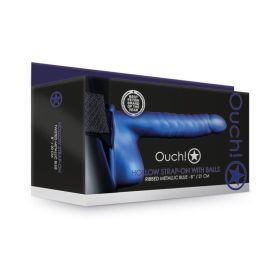 Ouch! Ribbed 8 in. Hollow Strap On  with Balls (Option: Metallic Blue)