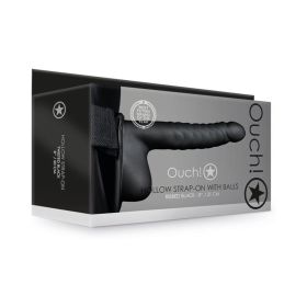 Ouch! Ribbed 8 in. Hollow Strap On  with Balls (Option: Black)