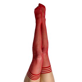 Kixies Joely Rhinestone Fishnet Thigh High  Red (Option: Size B)