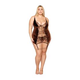 Dreamgirl Stretch Velvet and Embroidered Band Garter Slip and G String Set Espresso (Option: 3XL)