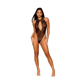 Dreamgirl Stretch Lace Halter Teddy with Keyhole Neckline and Open Rhinestone Fringe Back Black (Option: S)