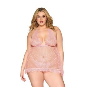 Dreamgirl Lace and Polka Dot Mesh Babydoll and G String Rose Quartz (Option: 3XL)