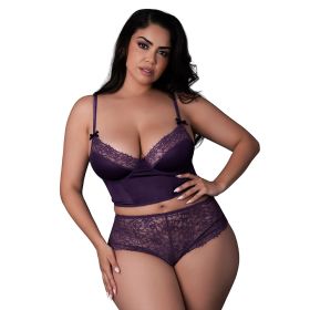Magic Silk Leather & Lace Balconette Bustier & Cheeky Short Plum (Option: Queen Size)