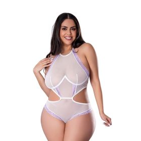 Magic Silk Sheer Passion Halter Teddy White/Lavender (Option: Queen Size)
