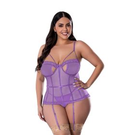 Magic Silk Sheer Passion Keyhole Basque & Crotchless G String Very Peri (Option: Queen Size)
