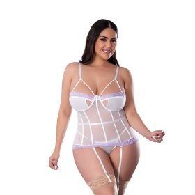 Magic Silk Sheer Passion Keyhole Basque & Crotchless G String White/Lavender (Option: Queen Size)