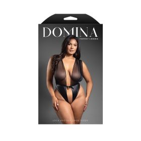 Fantasy Lingerie Domina Mesh Tie Back Plunge Front Teddy with Buckle Waist and Lock & Key Detail (Option: Queen Size)