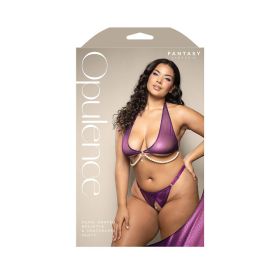 Fantasy Lingerie Opulence Foiled Mesh Halter Bralette with Pearl Underbust & Crotchless Panty (Option: Queen Size)