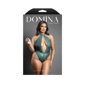 Fantasy Lingerie Domina Keyhole Halter Teddy with Detachable ChaIn Link Leash Pine Green (Option: Queen Size)