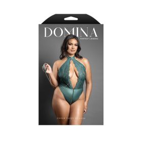 Fantasy Lingerie Domina Keyhole Halter Teddy with Detachable ChaIn Link Leash Pine Green (Option: Queen Size)